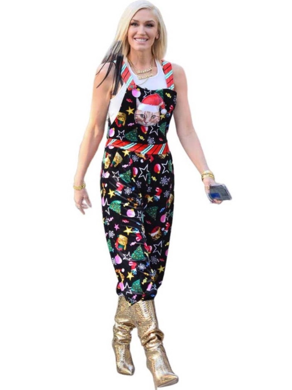 Christmas Holiday Kitty Cat Festive Wide-leg Overalls Jumpsuit junior L